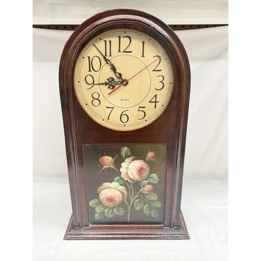 Vintage Hand Painted Mantel Wood Clock Cottagecore Floral Design